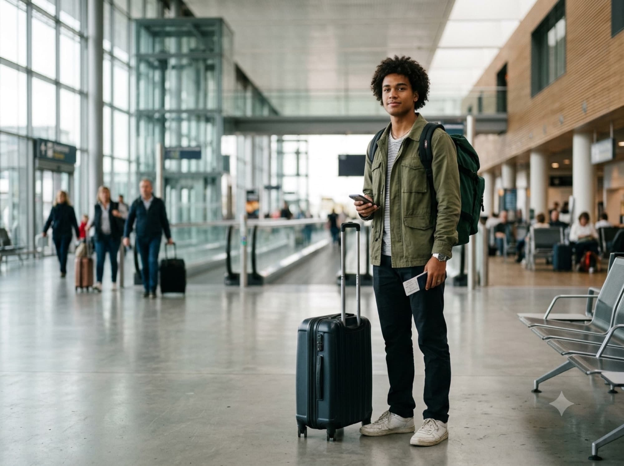 Étudiant à l'aéroport, valise et carte d'embarquement en main, prêt pour son départ