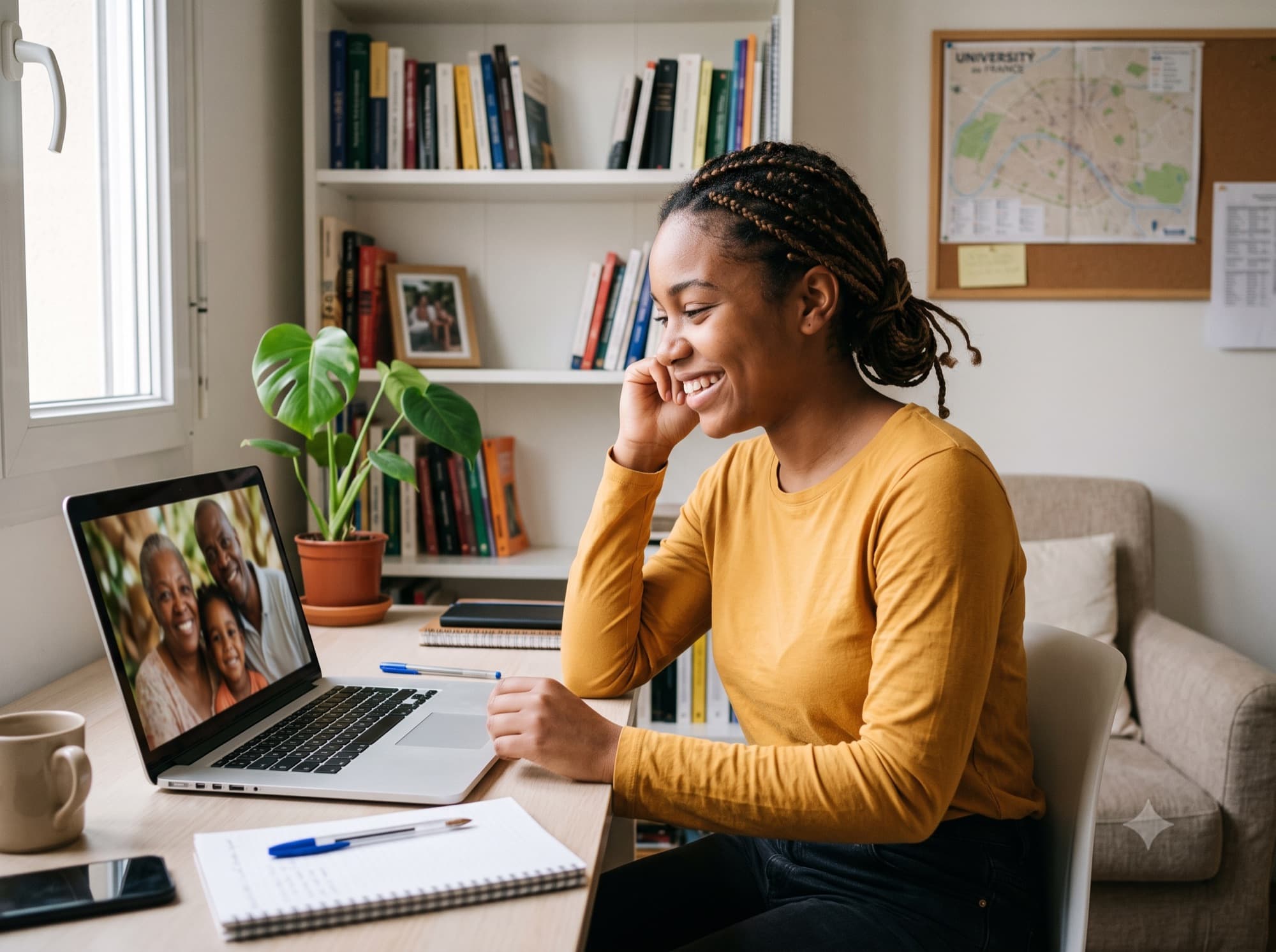 Étudiante en appel vidéo avec sa famille depuis son logement