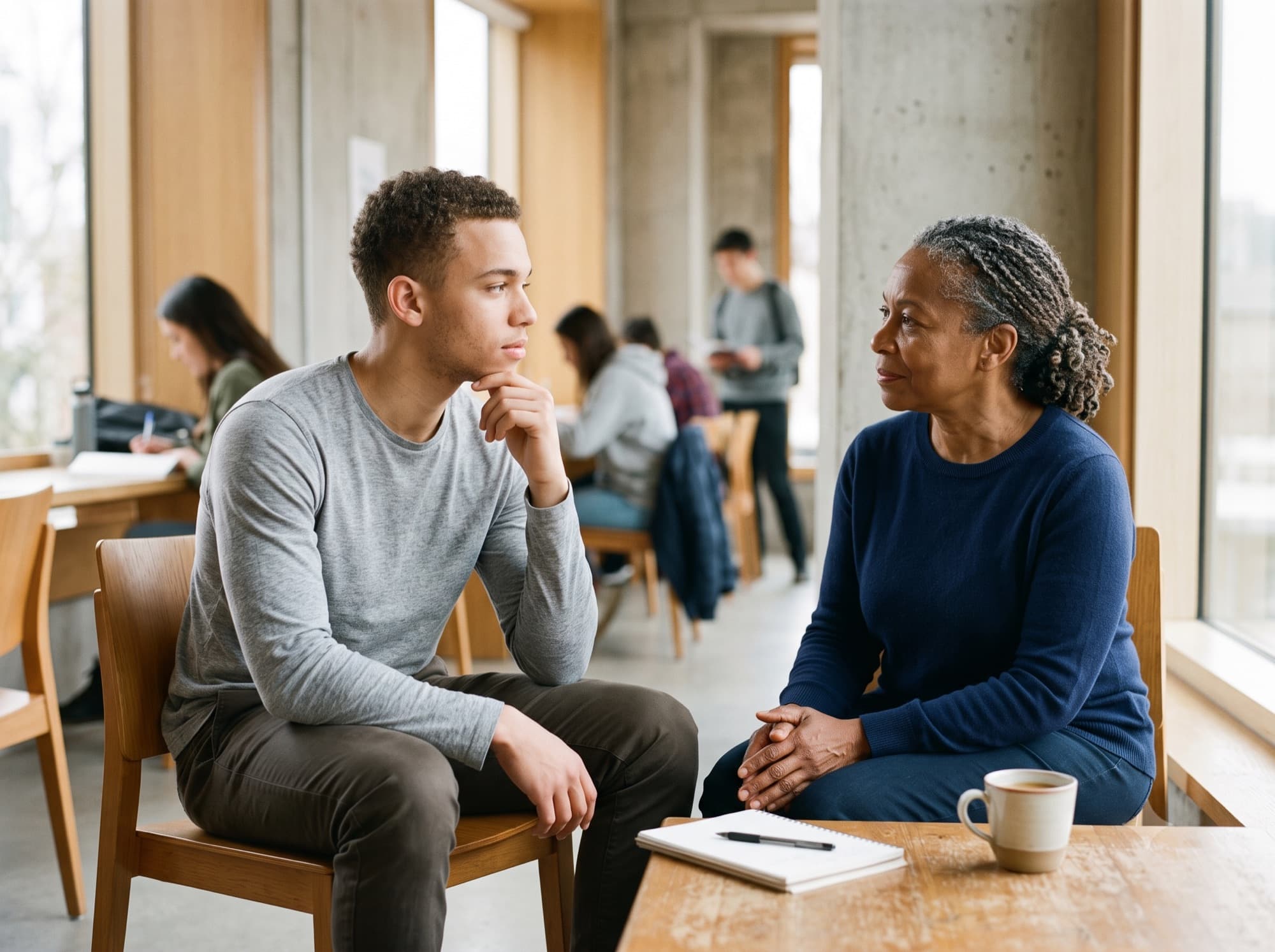 Étudiant en conversation posée et attentive avec une mentore, dans une bibliothèque